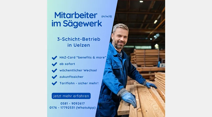 Mitarbeiter (m/w/d) im Sägewerk - 3-Schicht-Betrieb in Uelzen