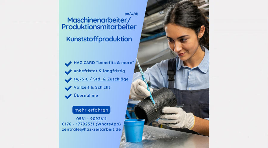 Maschinenarbeiter/Produktionsmitarbeiter (m/w/d) Kunststoffproduktion